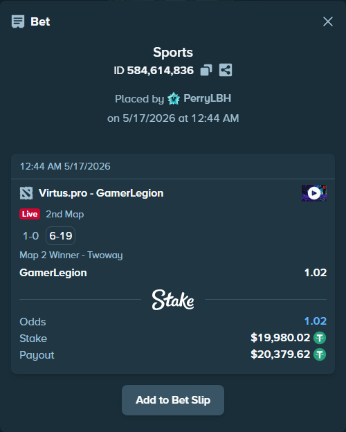 Bet slip: Virtus.pro - GamerLegion, $20,000.00 stake at 1.02 odds, placed by PerryLBH