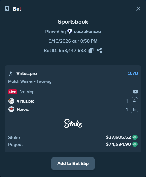 Bet slip: Virtus.pro - Heroic, $27,600.00 stake at 2.70 odds, placed by saszakoncza