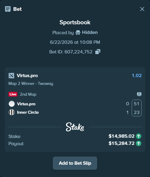 Bet slip: Virtus.pro - Inner Circle, $15,000.00 stake at 1.02 odds, placed by Hidden