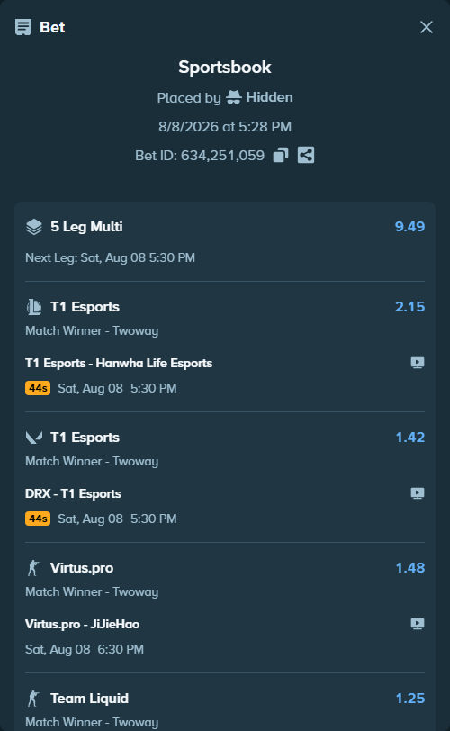 Bet slip: Virtus.pro - JiJieHao, $40,973.40 stake at 1.48 odds, placed by Hidden