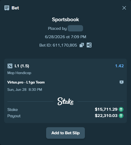 Bet slip: Virtus.pro - L1, $15,727.00 stake at 1.42 odds, placed by antoniku