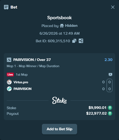 Bet slip: Virtus.pro - PARIVISION, $10,000.00 stake at 2.30 odds, placed by Hidden