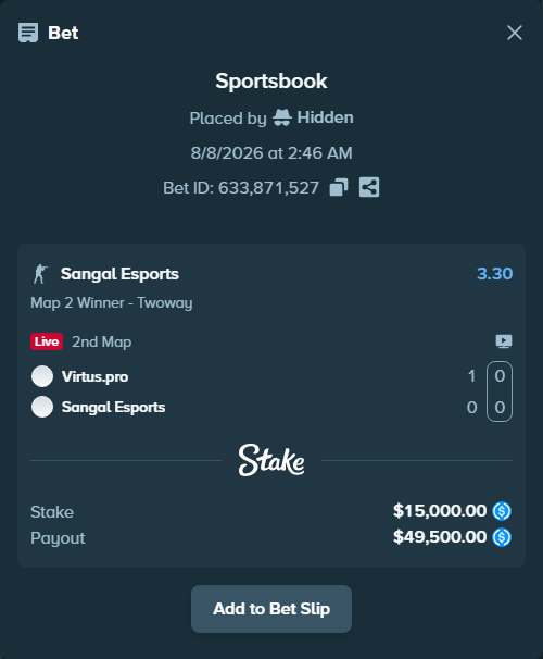 Bet slip: Virtus.pro - Sangal Esports, $15,000.00 stake at 3.30 odds, placed by Hidden