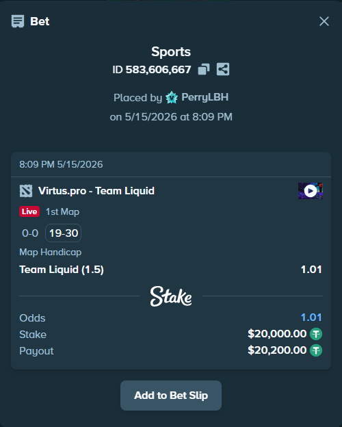 Bet slip: Virtus.pro - Team Liquid, $20,000.00 stake at 1.01 odds, placed by PerryLBH