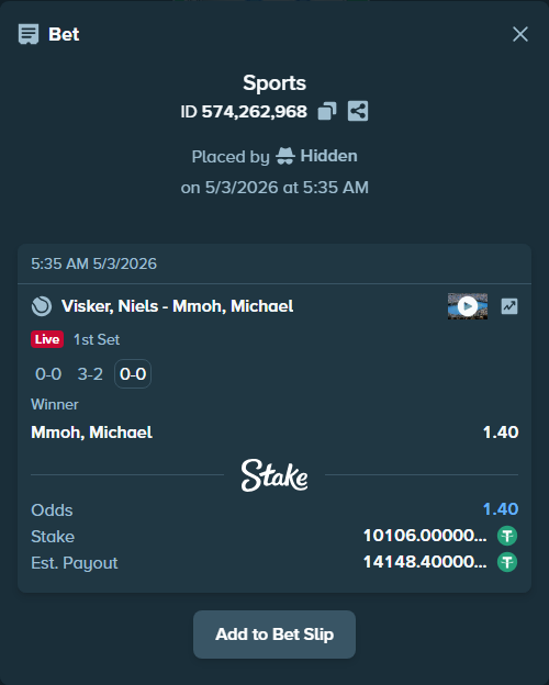 Bet slip: Visker, Niels - Mmoh, Michael, $10,106.00 stake at 1.40 odds, placed by Hidden