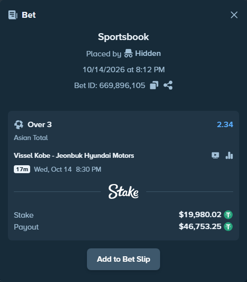 Bet slip: Vissel Kobe - Jeonbuk FC, $20,000.00 stake at 2.34 odds, placed by tlwns4736