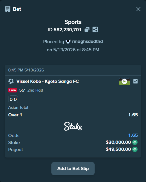 Bet slip: Vissel Kobe - Kyoto Sanga FC, $30,000.00 stake at 1.65 odds, placed by rmaghsdudthd