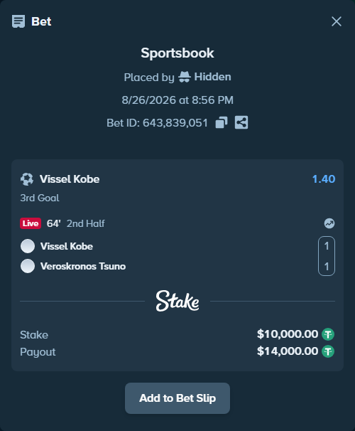 Bet slip: Vissel Kobe - Veroskronos Tsuno, $10,000.00 stake at 1.40 odds, placed by Hidden