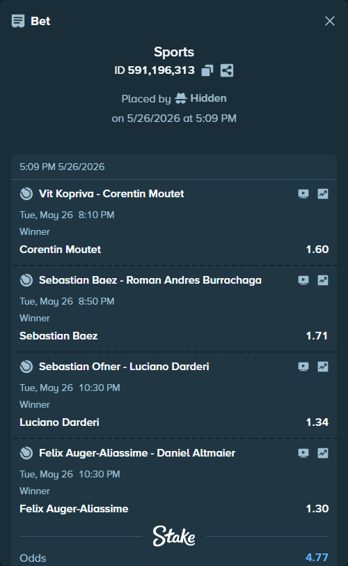 Bet slip: Vit Kopriva - Corentin Moutet, $10,000.00 stake at 1.60 odds, placed by Hidden