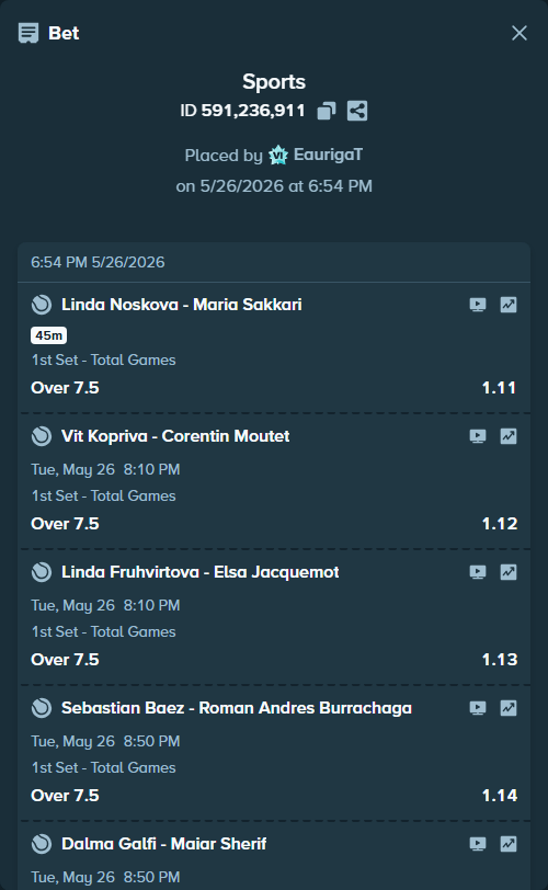 Bet slip: Vit Kopriva - Corentin Moutet, $50,183.00 stake at 1.12 odds, placed by EaurigaT