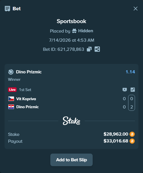 Bet slip: Vit Kopriva - Dino Prizmic, $30,049.41 stake at 1.14 odds, placed by Hidden