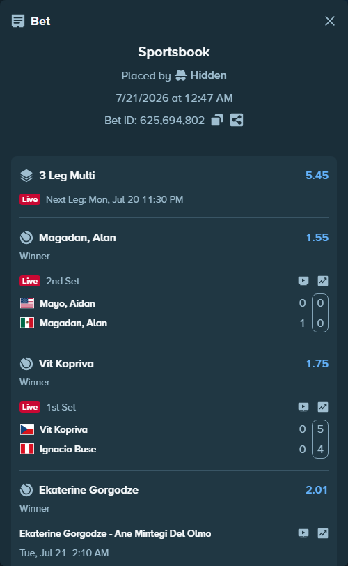 Bet slip: Vit Kopriva - Ignacio Buse, $10,000.00 stake at 1.75 odds, placed by Hidden