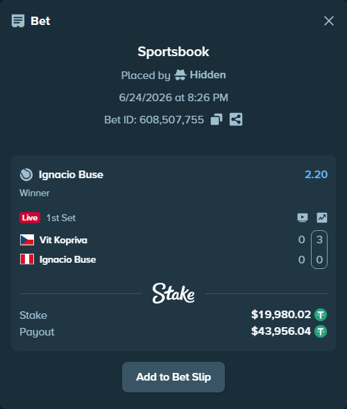 Bet slip: Vit Kopriva - Ignacio Buse, $20,000.00 stake at 2.20 odds, placed by Hidden
