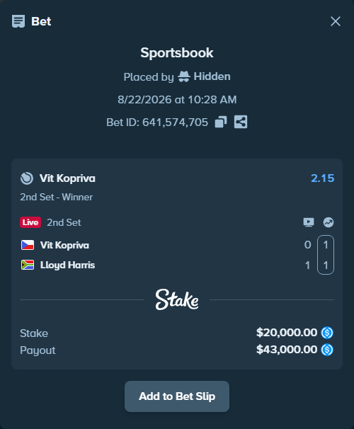 Bet slip: Vit Kopriva - Lloyd Harris, $20,000.00 stake at 2.15 odds, placed by Hidden