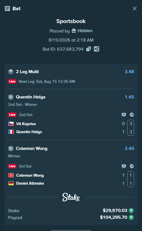 Bet slip: Vit Kopriva - Quentin Halys, $30,000.00 stake at 1.45 odds, placed by Hidden