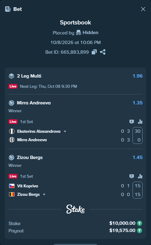 Bet slip: Vit Kopriva - Zizou Bergs, $10,000.00 stake at 1.45 odds, placed by Hidden