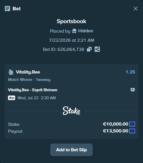 Bet slip: Vitality.Bee - Esprit Shōnen, $10,800.00 stake at 1.35 odds, placed by Hidden