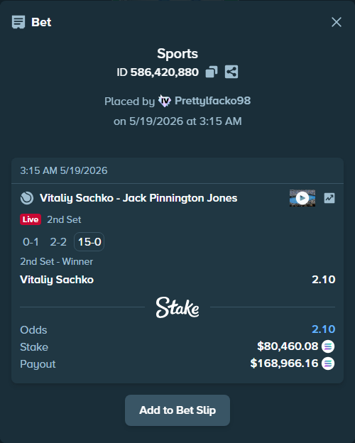 Bet slip: Vitaliy Sachko - Jack Pinnington Jones, $69,775.24 stake at 2.10 odds, placed by Prettylfacko98