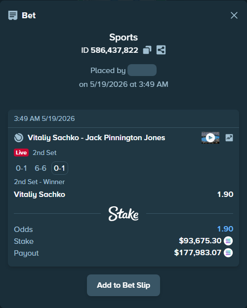 Bet slip: Vitaliy Sachko - Jack Pinnington Jones, $81,509.50 stake at 1.90 odds, placed by Prettylfacko98