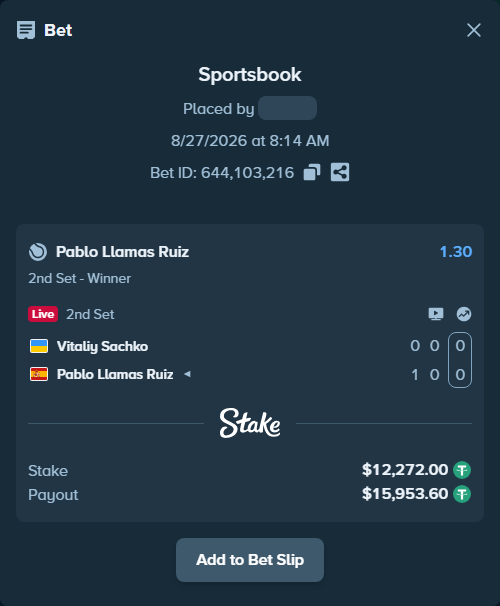 Bet slip: Vitaliy Sachko - Pablo Llamas Ruiz, $12,272.00 stake at 1.30 odds, placed by diomancy