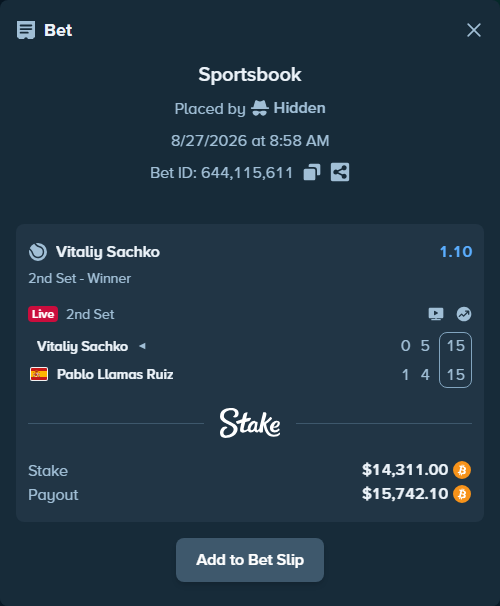 Bet slip: Vitaliy Sachko - Pablo Llamas Ruiz, $14,321.88 stake at 1.10 odds, placed by Hidden