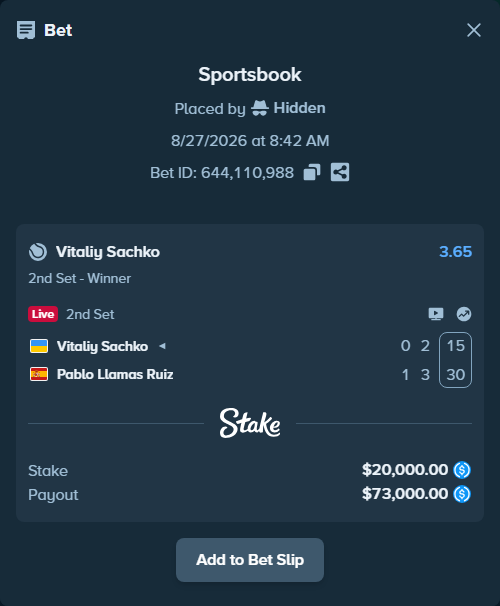 Bet slip: Vitaliy Sachko - Pablo Llamas Ruiz, $20,000.00 stake at 3.65 odds, placed by Hidden