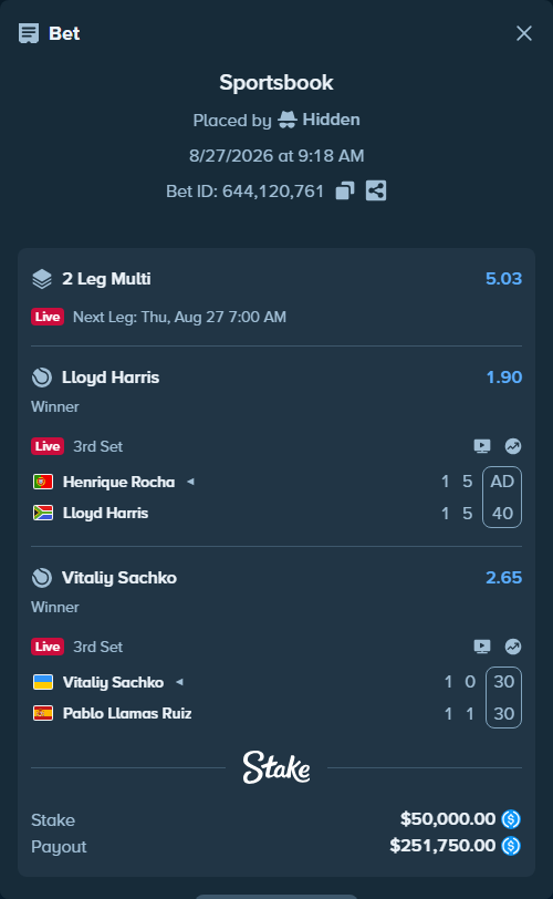 Bet slip: Vitaliy Sachko - Pablo Llamas Ruiz, $50,000.00 stake at 2.65 odds, placed by Hidden