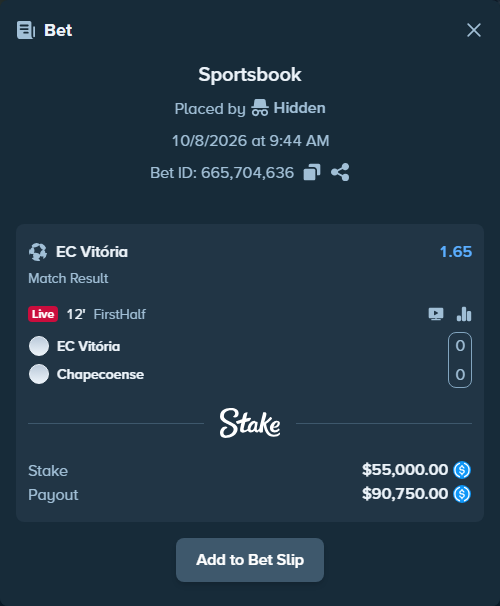 Bet slip: Vitoria - Chapecoense, $55,000.00 stake at 1.65 odds, placed by Hidden