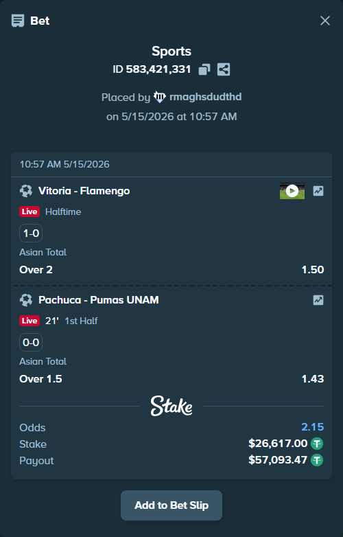 Bet slip: Vitoria - Flamengo, $26,617.00 stake at 1.50 odds, placed by rmaghsdudthd