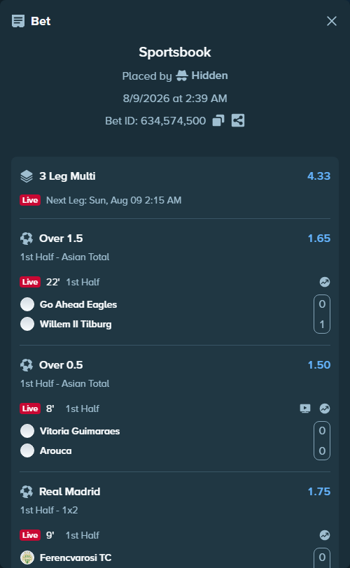 Bet slip: Vitoria Guimaraes - Arouca, $31,421.66 stake at 1.50 odds, placed by Hidden