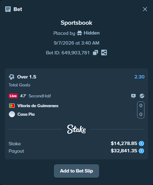 Bet slip: Vitoria Guimaraes - Casa Pia, $14,278.85 stake at 2.30 odds, placed by Hidden