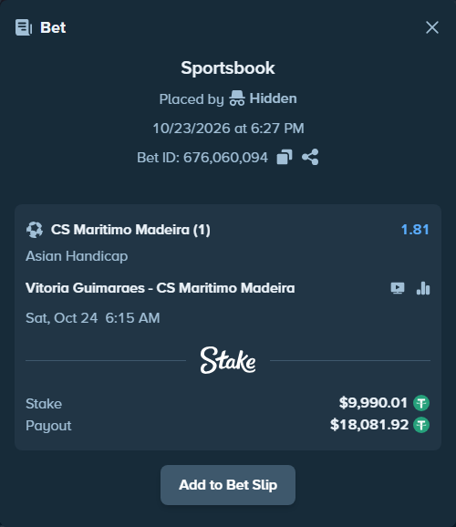 Bet slip: Vitoria Guimaraes - Maritimo Madeira, $10,000.00 stake at 1.81 odds, placed by Hidden