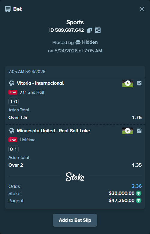 Bet slip: Vitoria - Internacional, $20,000.00 stake at 1.75 odds, placed by Hidden