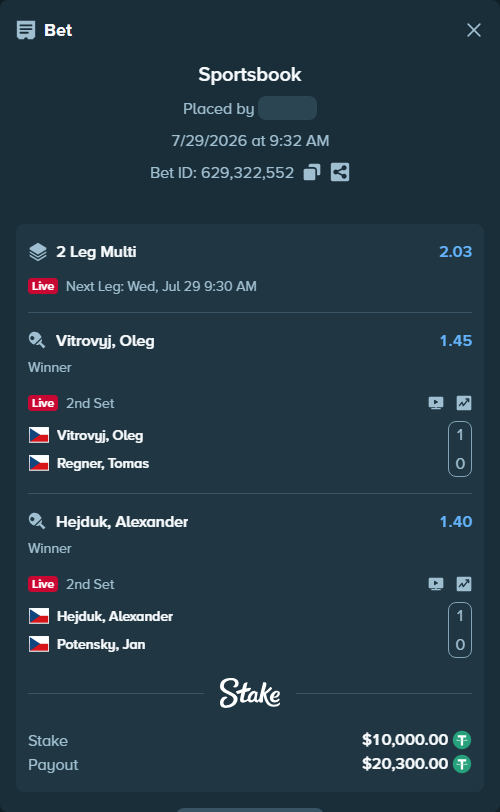 Bet slip: Vitrovyj, Oleg - Regner, Tomas, $10,010.00 stake at 1.45 odds, placed by AsTraL11