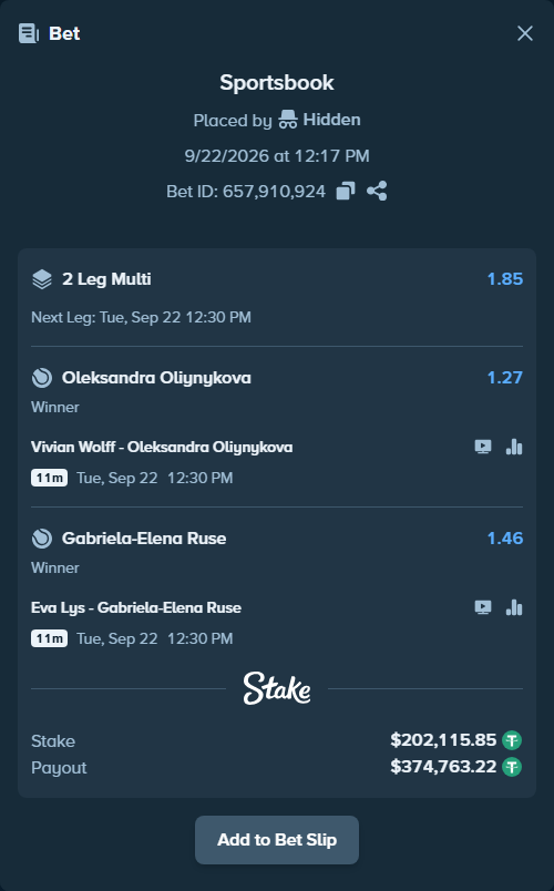 Bet slip: Vivian Wolff - Oleksandra Oliynykova, $202,115.85 stake at 1.27 odds, placed by Hidden
