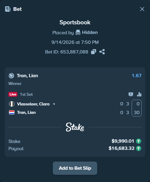 Bet slip: Vlasselaer, Clara - Tran, Lian, $10,000.00 stake at 1.67 odds, placed by Hidden