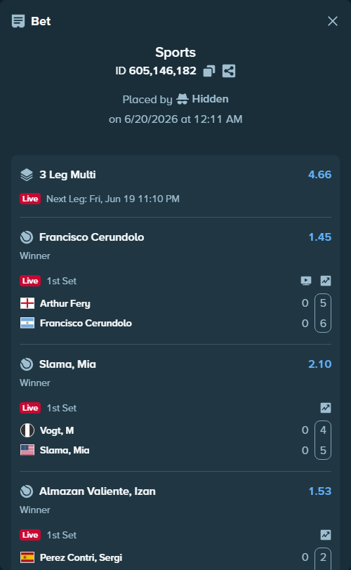 Bet slip: Vogt, M - Slama, Mia, $10,000.00 stake at 2.10 odds, placed by Hidden