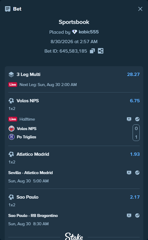 Bet slip: Volos NPS - POT Iraklis, $35,865.31 stake at 6.75 odds, placed by kabic555