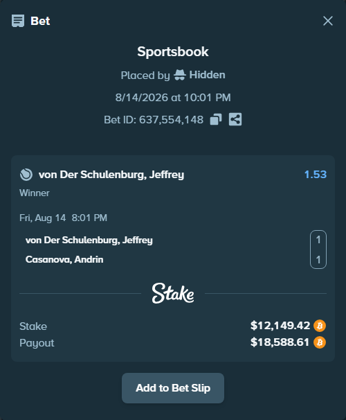 Bet slip: von der Schulenburg, Jeffrey - Casanova, Andrin, $12,174.26 stake at 1.53 odds, placed by Hidden