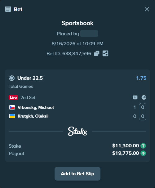 Bet slip: Vrbensky, Michael - Krutykh, Oleksii, $11,311.30 stake at 1.75 odds, placed by privetmedvet15