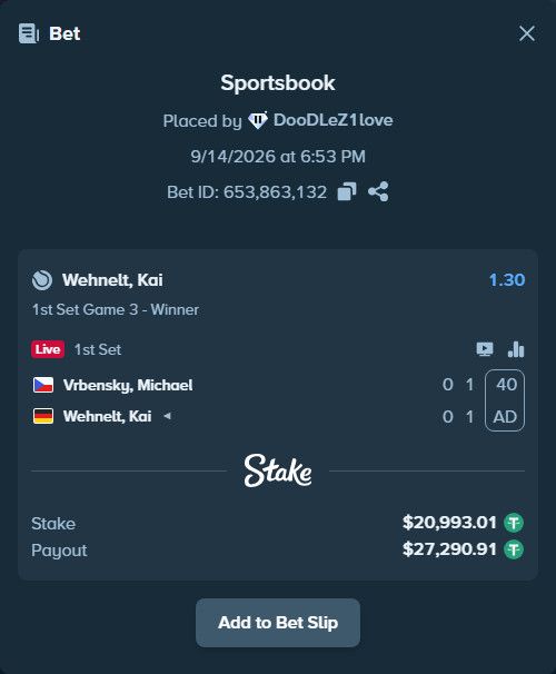 Bet slip: Vrbensky, Michael - Wehnelt, Kai, $21,014.00 stake at 1.30 odds, placed by DooDLeZ1love