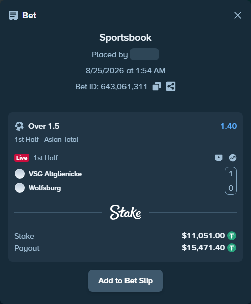 Bet slip: VSG Altglienicke - Wolfsburg, $11,051.00 stake at 1.40 odds, placed by tlwns4736