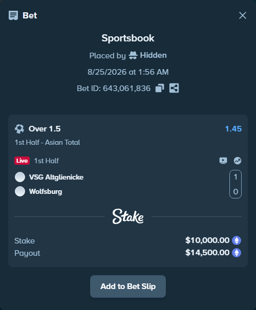 Bet slip: VSG Altglienicke - Wolfsburg, $9,875.53 stake at 1.45 odds, placed by Hidden