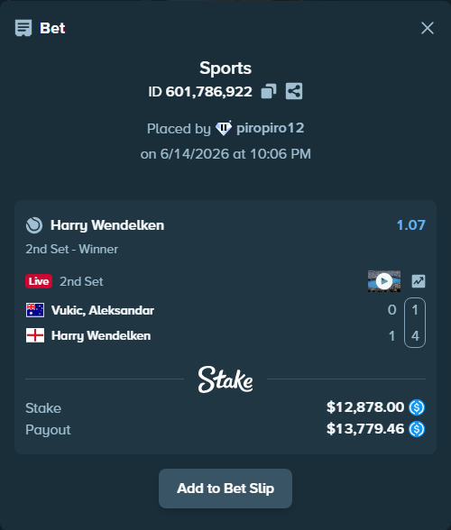 Bet slip: Vukic, Aleksandar - Harry Wendelken, $12,878.00 stake at 1.07 odds, placed by piropiro12