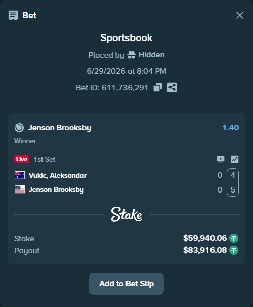 Bet slip: Vukic, Aleksandar - Jenson Brooksby, $60,000.00 stake at 1.40 odds, placed by Hidden
