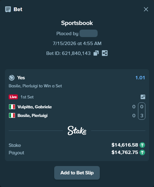 Bet slip: Vulpitta, Gabriele - Basile, Pierluigi, $14,631.20 stake at 1.01 odds, placed by RyazheniyPetuh