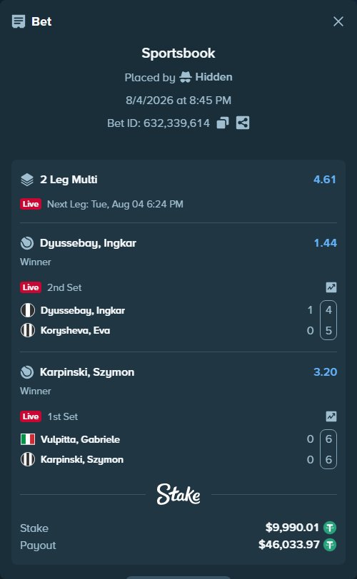 Bet slip: Vulpitta, Gabriele - Karpinski, Szymon, $10,000.00 stake at 3.20 odds, placed by Hidden