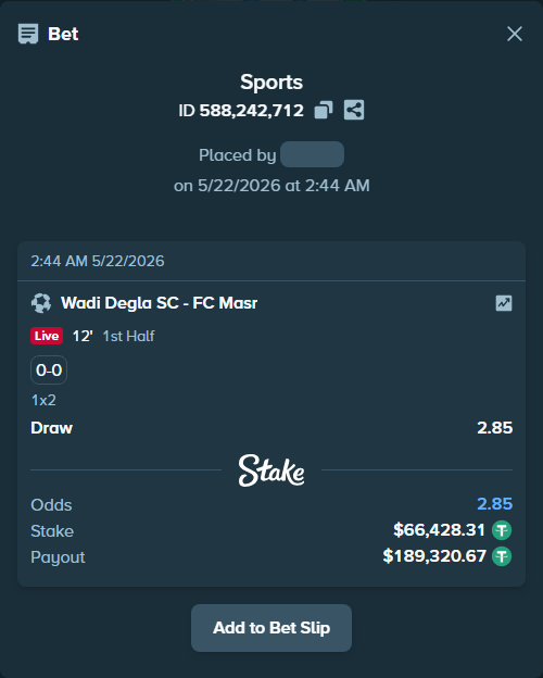 Bet slip: Wadi Degla SC - Zed FC, $66,494.73 stake at 2.85 odds, placed by xxxboom