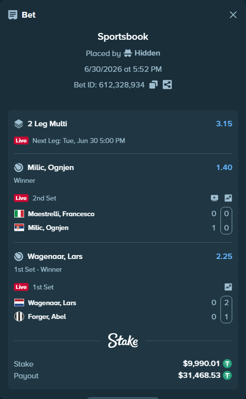 Bet slip: Wagenaar, Lars - Forger, Abel, $10,000.00 stake at 2.25 odds, placed by Hidden