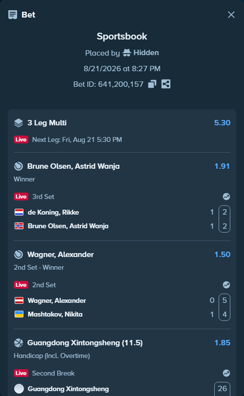 Bet slip: Wagner, Alexander - Mashtakov, Nikita, $10,000.00 stake at 1.50 odds, placed by Hidden